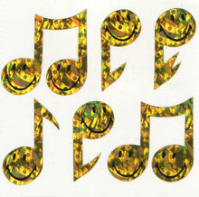 Load image into Gallery viewer, Wholesale - Pack of 12 Prismatic Stickers - Musical Note Smileys