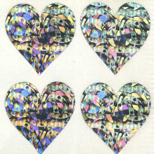 Load image into Gallery viewer, Wholesale - Pack of 12 Prismatic Stickers - 4 Hearts - Silver