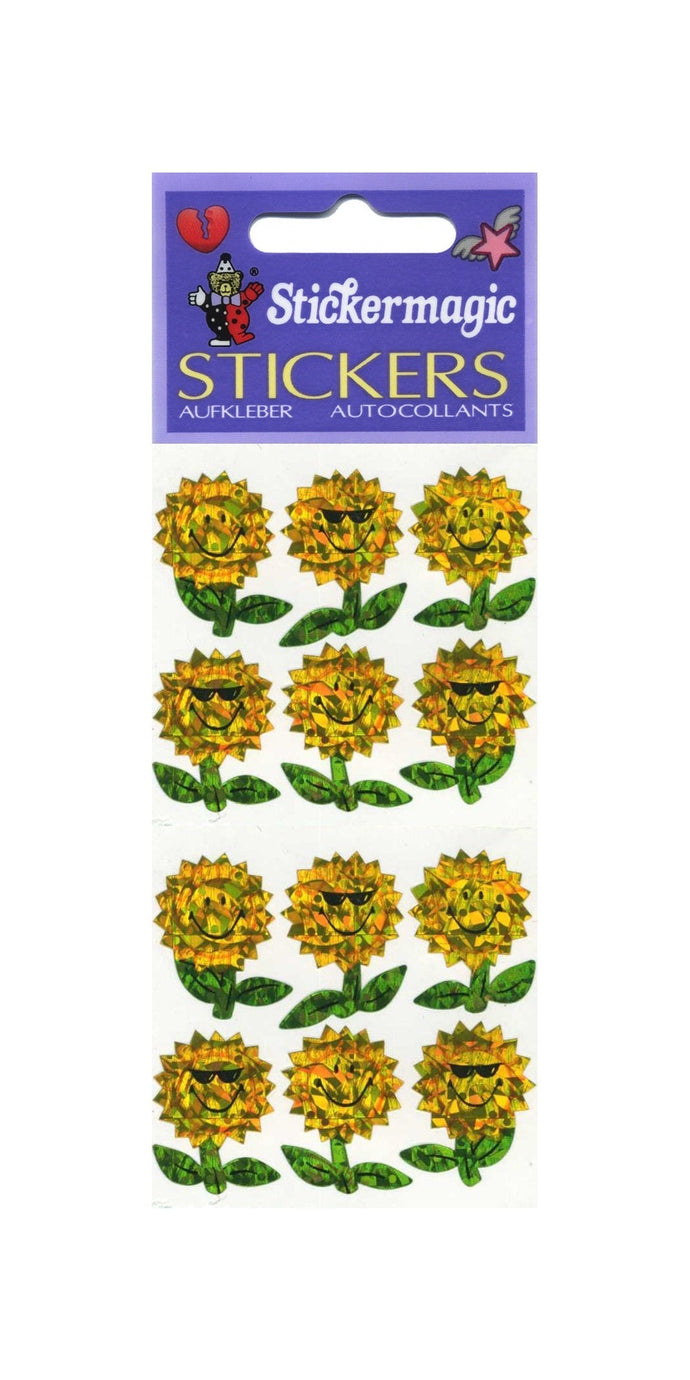 Wholesale - Pack of 12 Prismatic Stickers - Smiley Sunflowers