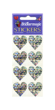 Load image into Gallery viewer, Wholesale - Pack of 12 Prismatic Stickers - 4 Hearts - Silver