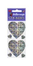 Load image into Gallery viewer, Wholesale - Pack of 12 Prismatic Stickers - 3 Hearts - Silver