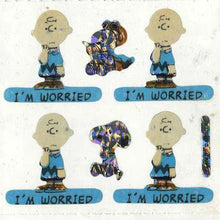 Load image into Gallery viewer, Wholesale - Pack of 12 Prismatic Stickers - Charlie Brown I&#39;m Worried